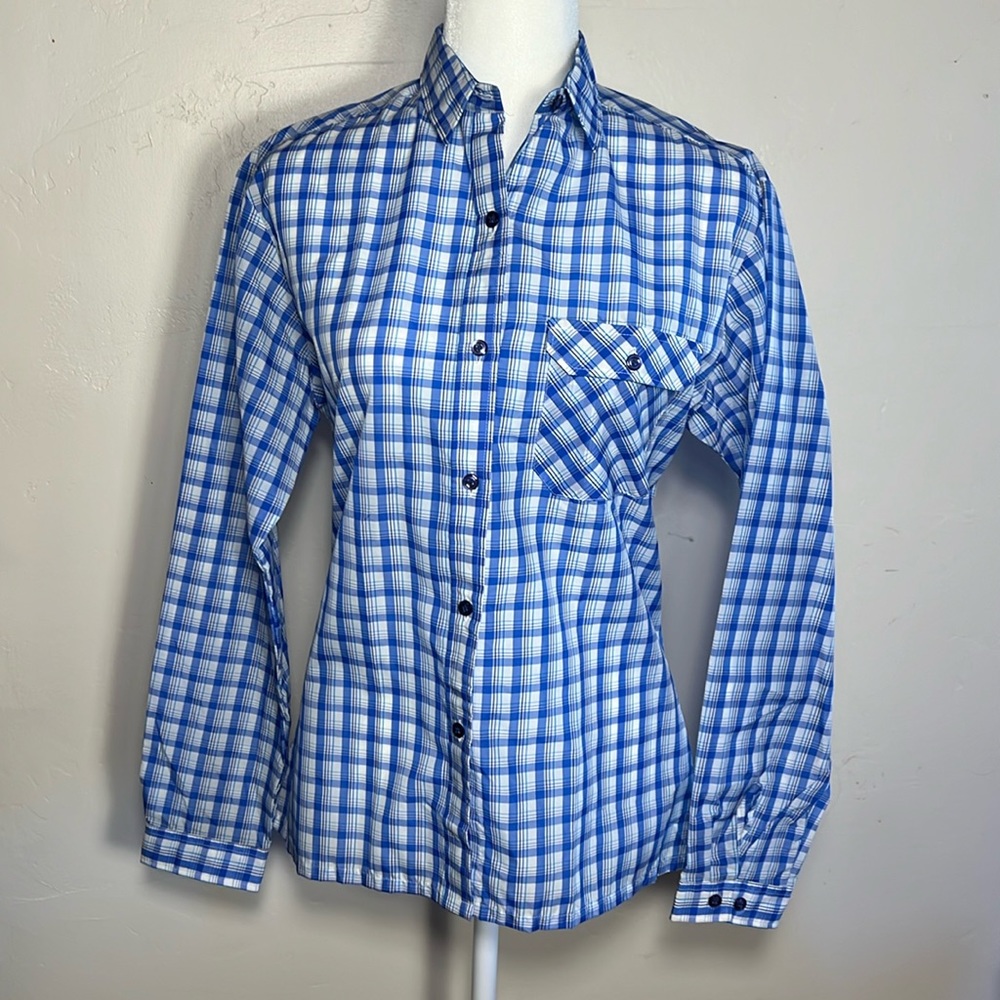 Vintage Obermeyer Made in Hong Kong Button Up Long Sleeve Blue Plaid Shirt M
